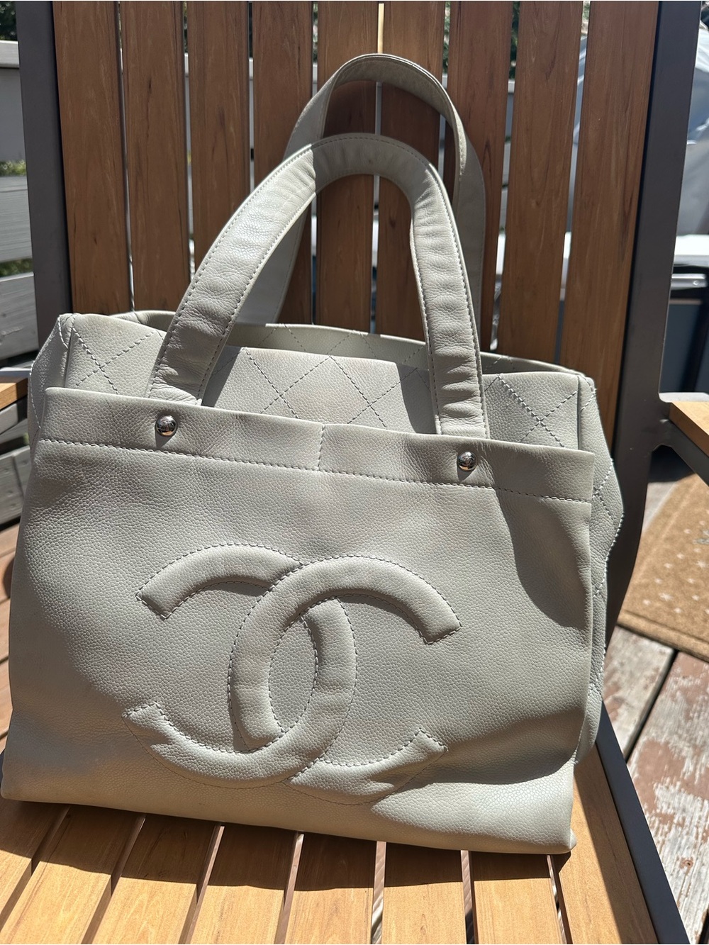 Chanel Large CC Quilted Shopper Tote Bag Light Gray Caviar Style Shoulder Bag